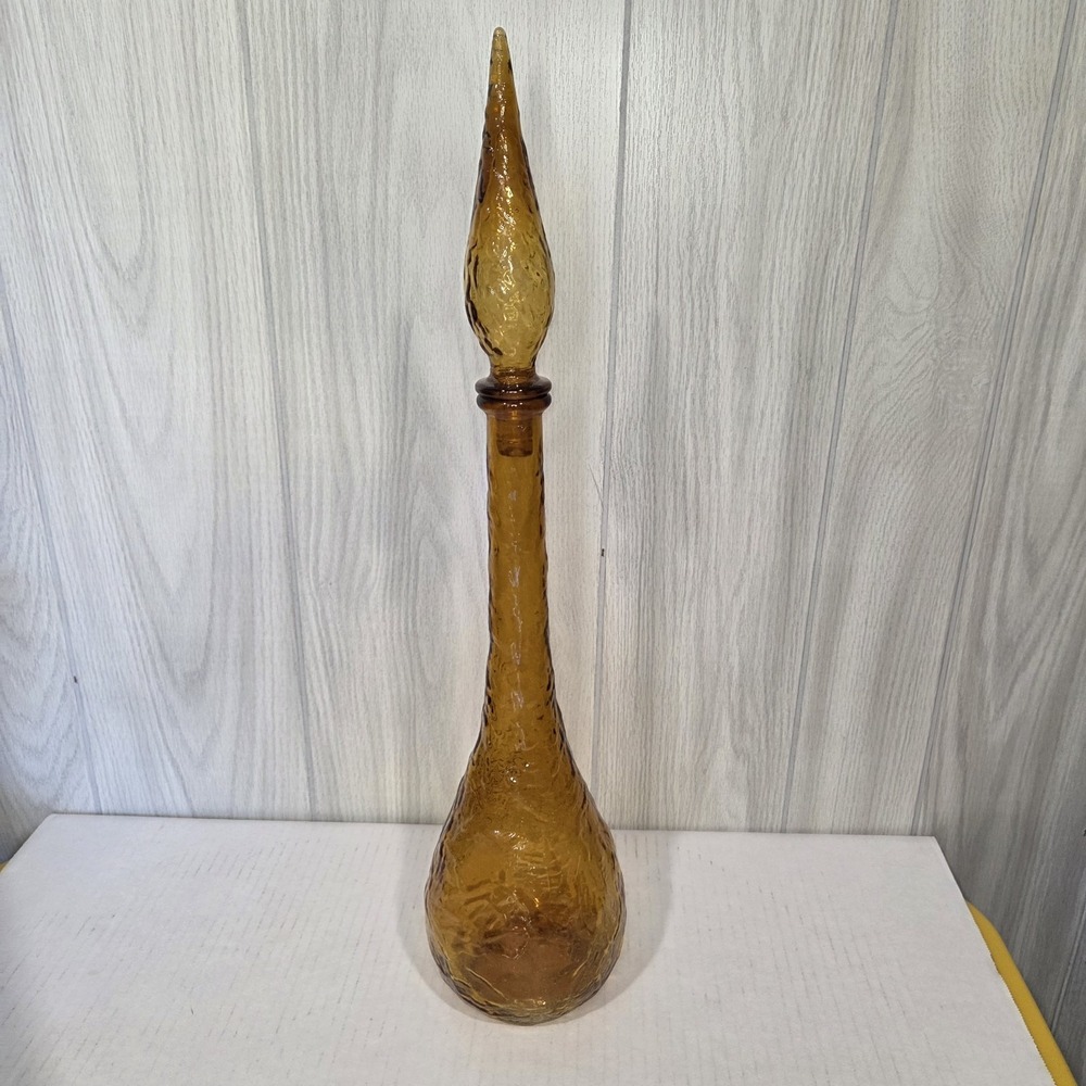 Genuine Vtg  Empoli Amber Genie Bottle Decante & Stopper 22" Florentine Italy